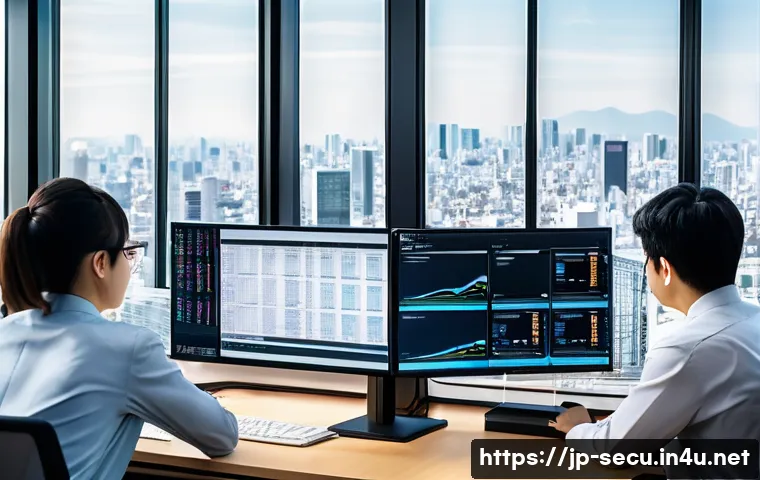 정보보안 실무와 클라우드 보안 솔루션 활용 - A professional Japanese office setting showing a diverse team of IT specialists working collaborativ...